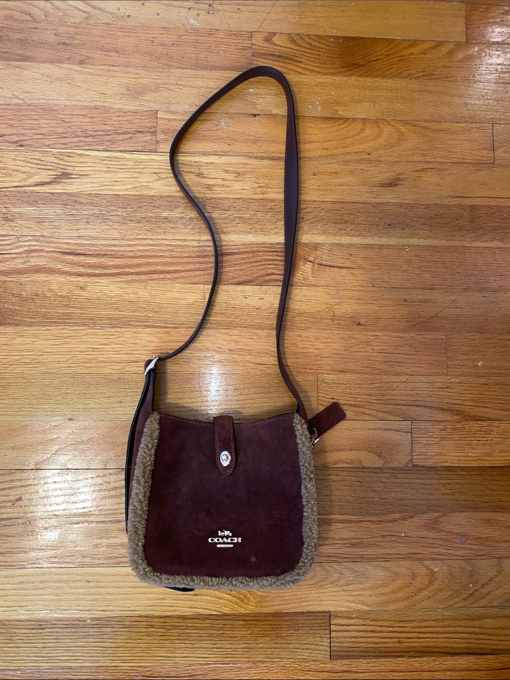 Coach Brown Suede Shearling-Trim Crossbody Bag